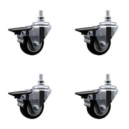 Service Caster 3 Inch Black Polyurethane 10 MM Threaded Stem Caster Set with Brake SCC-TS20S314-PPUB-BLK-PLB-M1015-4